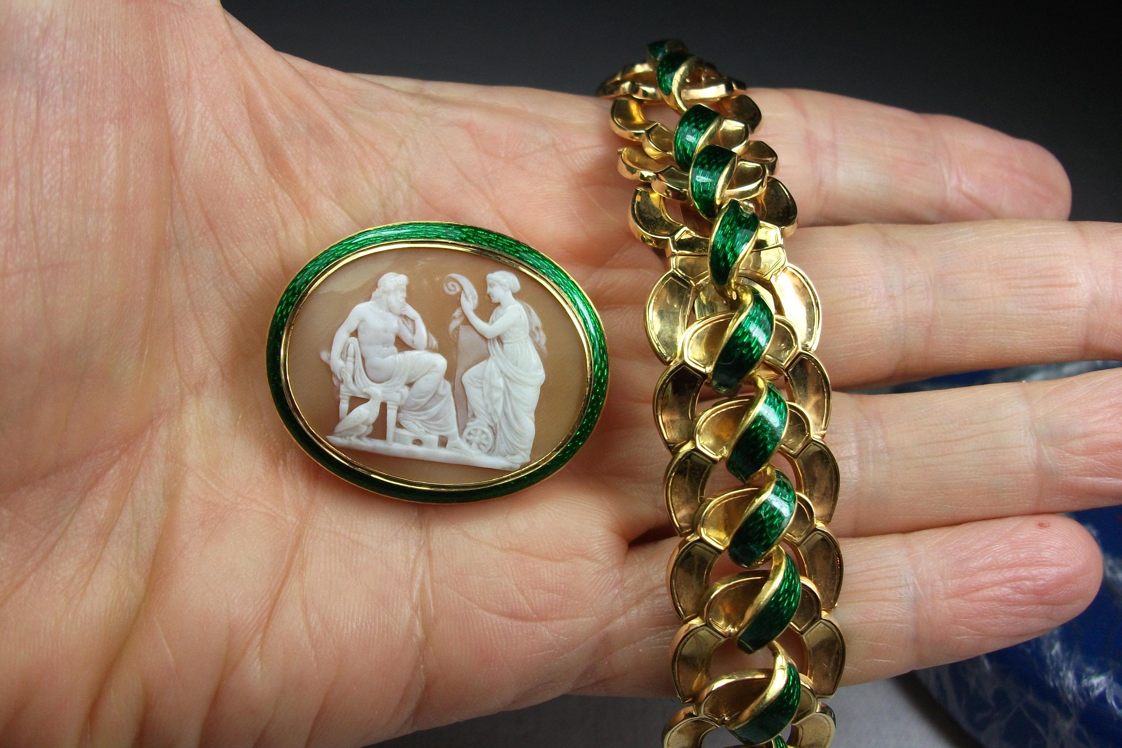 Antique Victorian Yellow Gold Enamel Zeus and Nemesis Shell Cameo Bracelet For Sale 8
