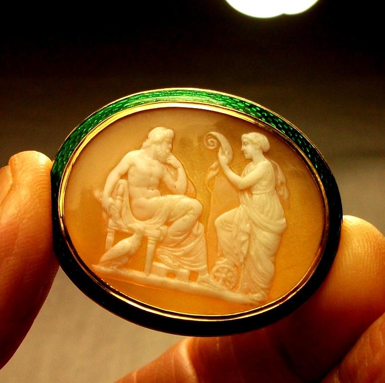 
More than Excellent Quality cameo bracelet depicting  Zeus and Nemesis. A rarest subject never seen before now. Nemesis is the goddess who punishes mankind’s pride and arrogance. Here, she is seen reading a list of the guilty. One of her feet is