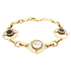 Antique Victorian Yellow Gold Garnet Blue Moonstone Circle Target Link Bracelet