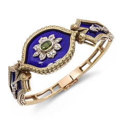 Antique Victorian Yellow Gold Guilloche Enamel Peridot & Diamond Hinged Bracelet