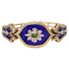 Antique Victorian Yellow Gold Guilloche Enamel Peridot & Diamond Hinged Bracelet