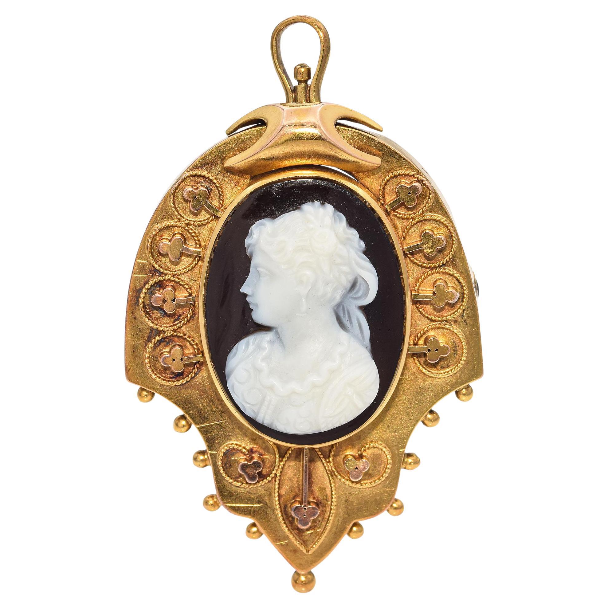 Antique Victorian Yellow Gold Lady Carved Hardstone Cameo Brooch Pendant