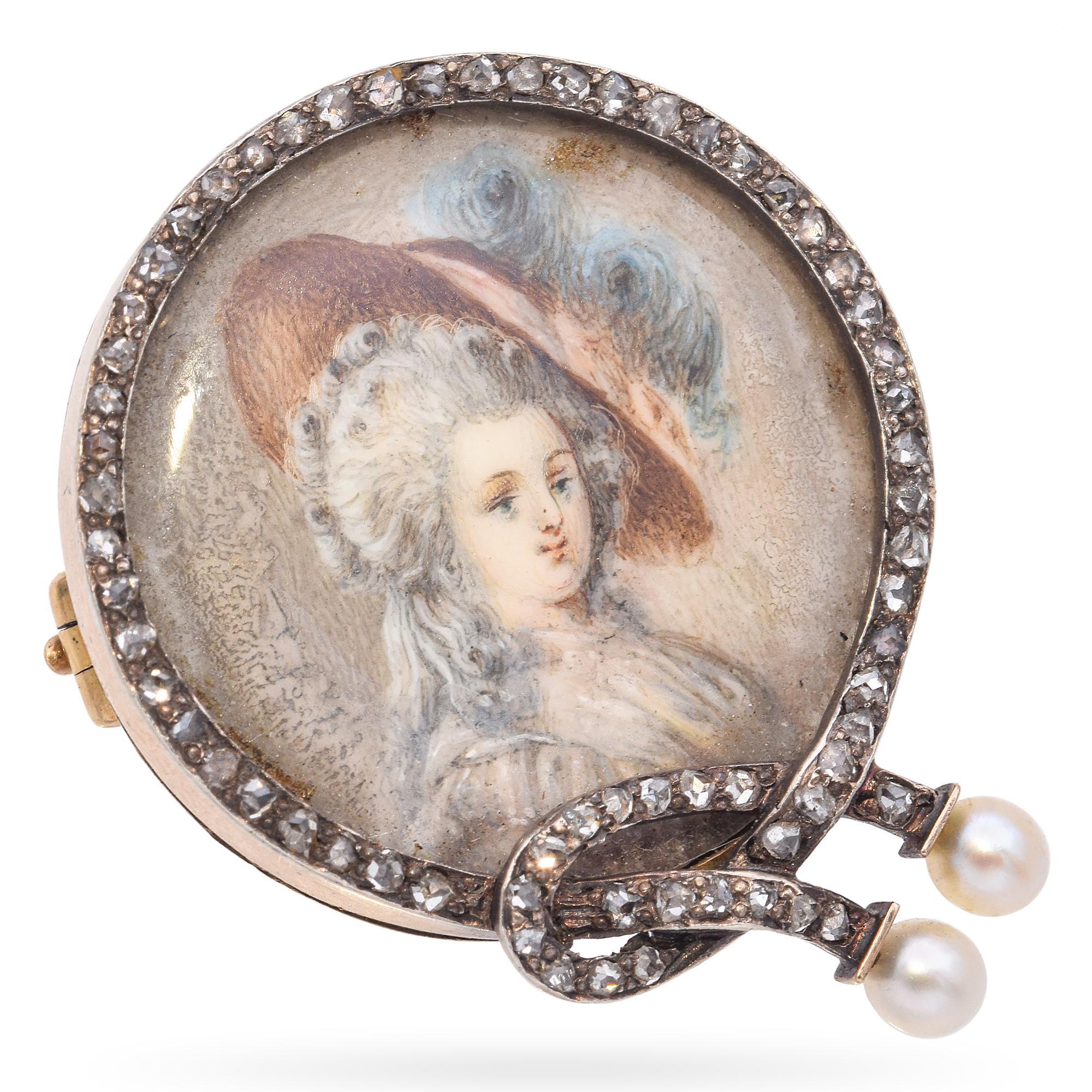 This exquisite Victorian antique miniature brooch, hallmarked by Charles William Schumann & Sons, showcases the exceptional craftsmanship and artistry for which the esteemed jewelry firm was known. Featuring a beautifully hand-painted portrait of a