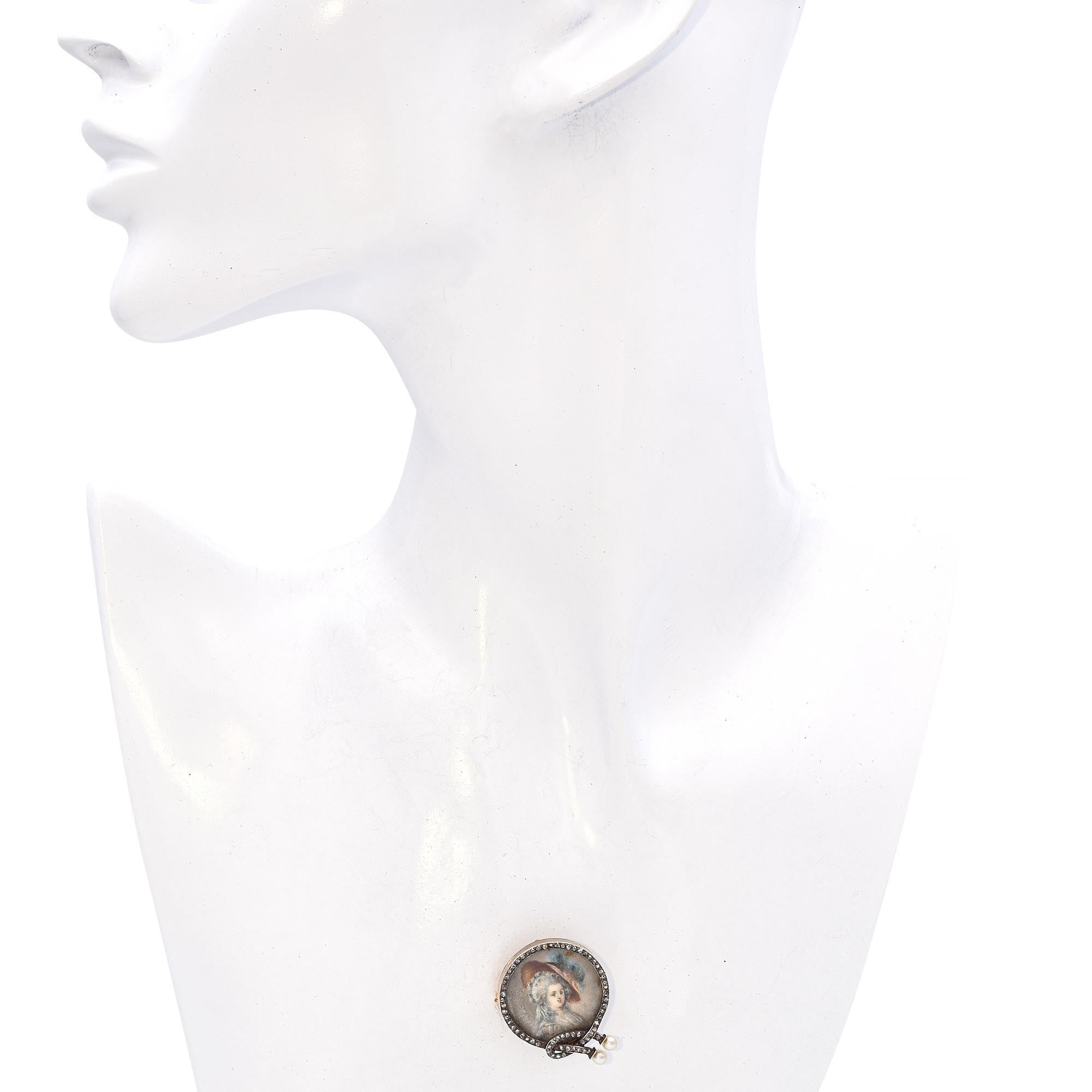 Antique Victorian Yellow Gold Miniature Portrait Brooch With Rose Cut Diamonds In Good Condition For Sale In New York, NY