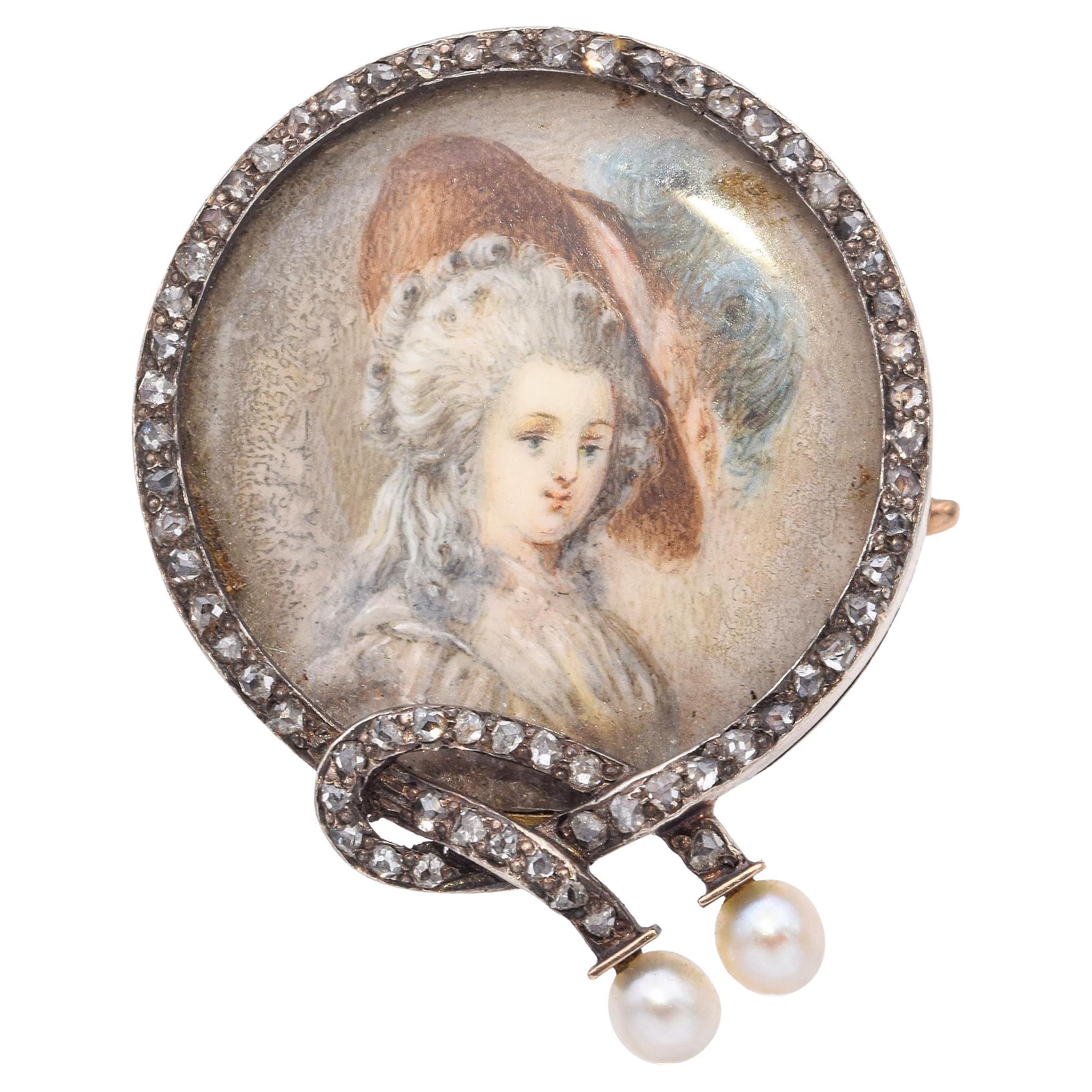 Antique Victorian Yellow Gold Miniature Portrait Brooch With Rose Cut Diamonds For Sale