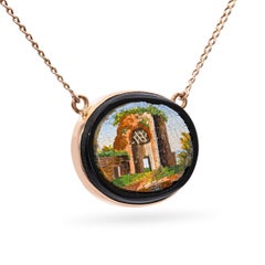 Antique Victorian Yellow Gold Onyx Micro Mosaic Pendant Necklace