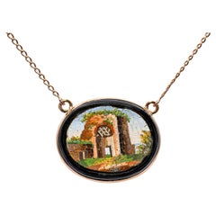 Antique Victorian Yellow Gold Onyx Micro Mosaic Pendant Necklace