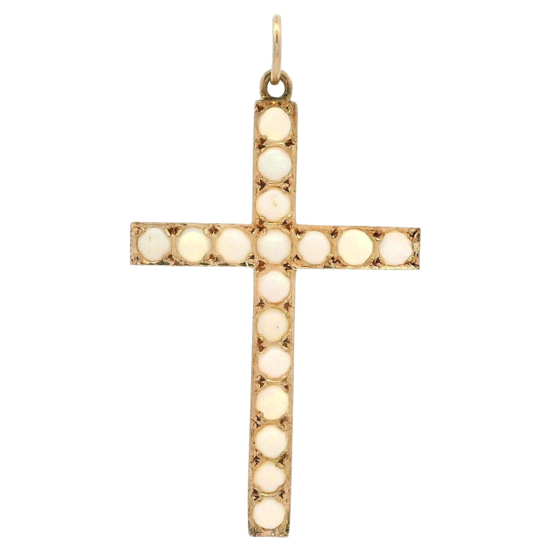 Antique Victorian Yellow Gold & Opal Large Cross Charm Pendant