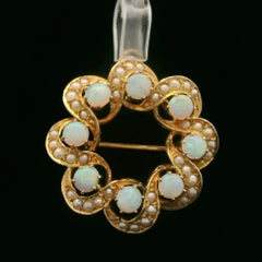 Antique Victorian Yellow Gold Opal & Seed Pearl Swirl Wreath Pin Brooch Pendant
