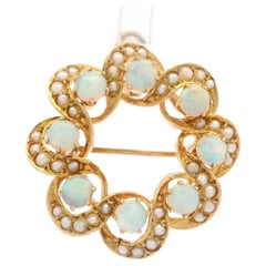 Antique Victorian Yellow Gold Opal & Seed Pearl Swirl Wreath Pin Brooch Pendant Antique Victorian Yellow Gold Opal & Seed Pearl Swirl Wreath Pin Brooch Pendant