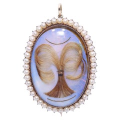 Antique Victorian Yellow Gold Pearl and Guilloche Enamel Keepsake Brooch