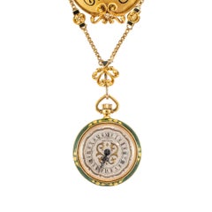 Antique Victorian Yellow Gold Rose Cut Enamel Brooch Montreux Pocket Watch Set