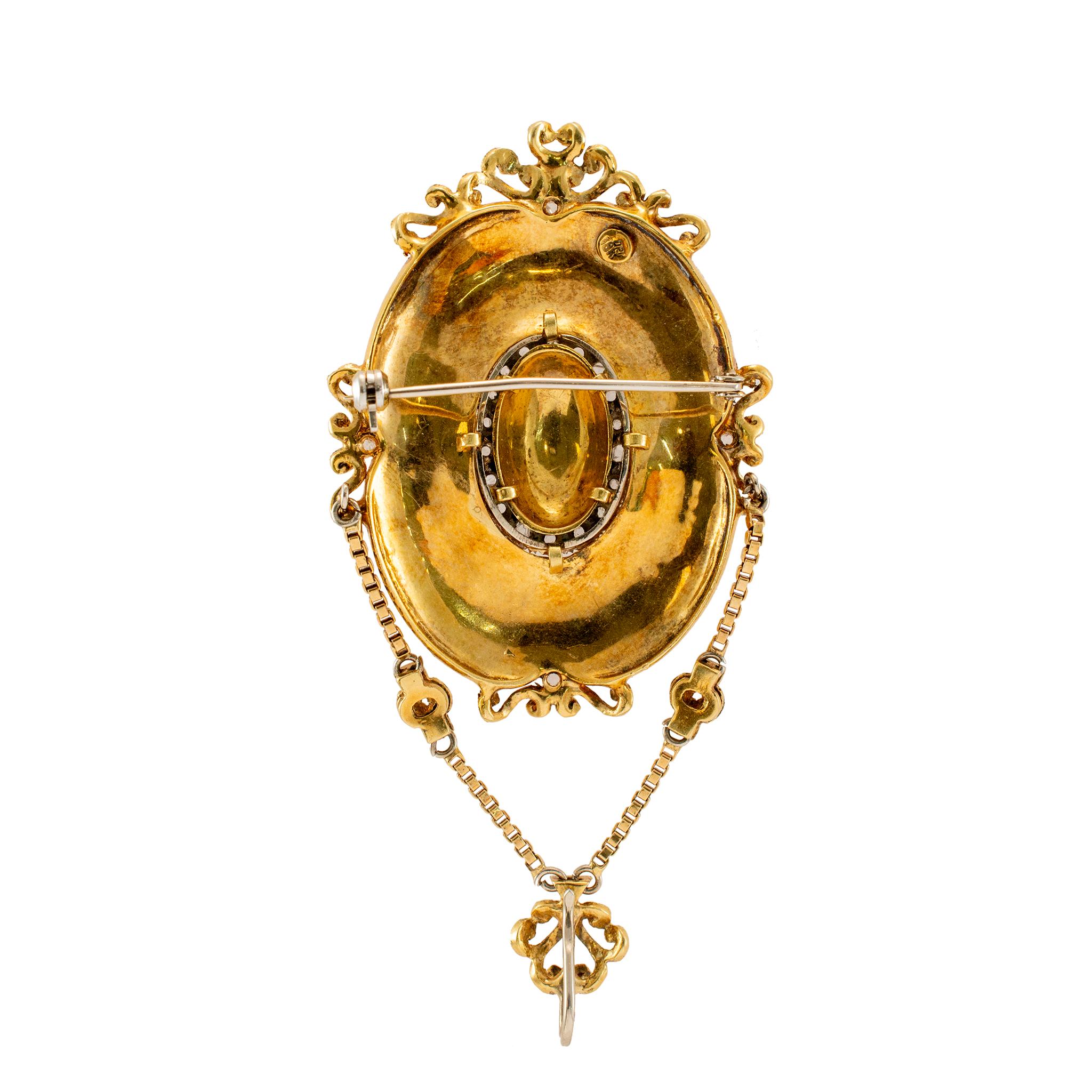 Taille rose Montre de poche Montreux Montre victorienne ancienne en or jaune avec broche en émail taillé en rose en vente