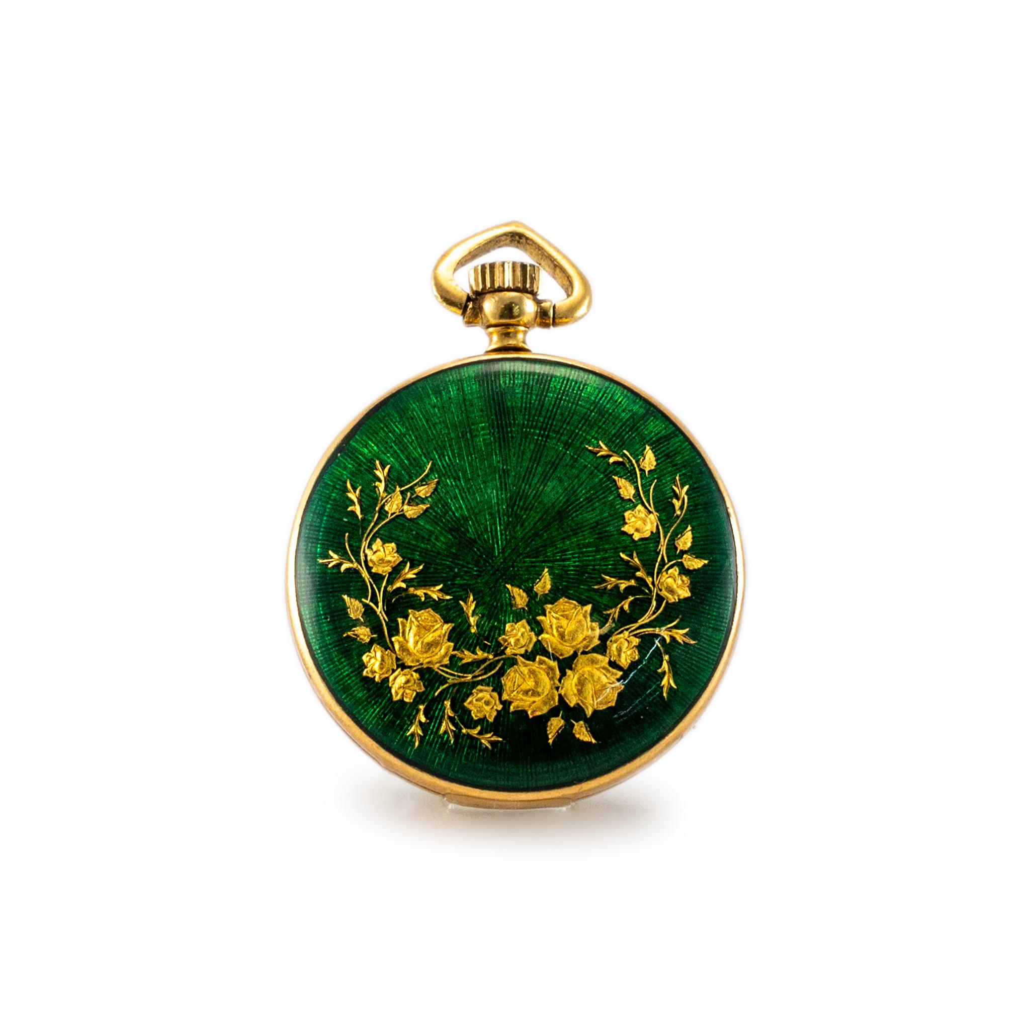 Montre de poche Montreux Montre victorienne ancienne en or jaune avec broche en émail taillé en rose Excellent état - En vente à Houston, TX