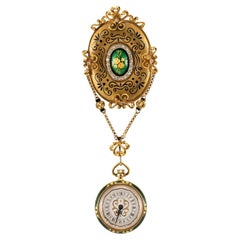 Antique Victorian Yellow Gold Rose Cut Enamel Brooch Montreux Pocket Watch Set