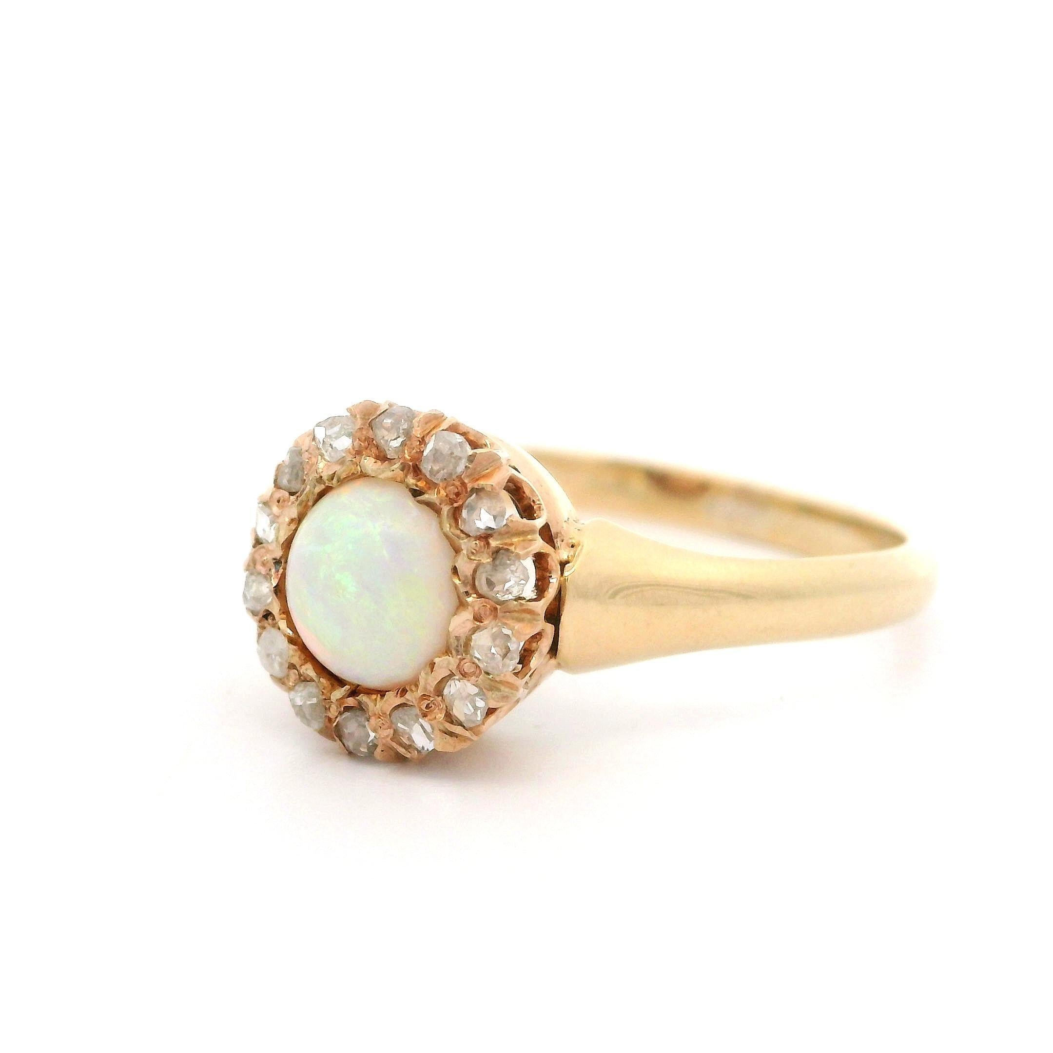 Cabochon Antique Victorian Yellow Gold Round Opal w/ 0.20ctw Diamond Halo Ring For Sale
