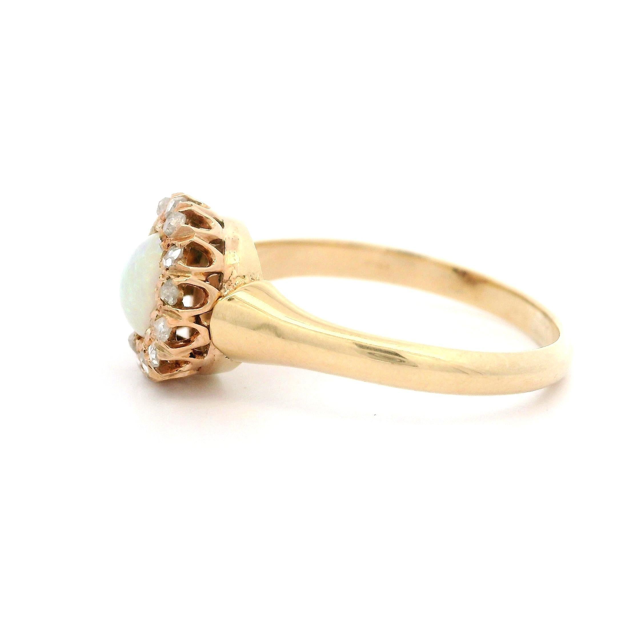 Antique Victorian Yellow Gold Round Opal w/ 0.20ctw Diamond Halo Ring For Sale 1