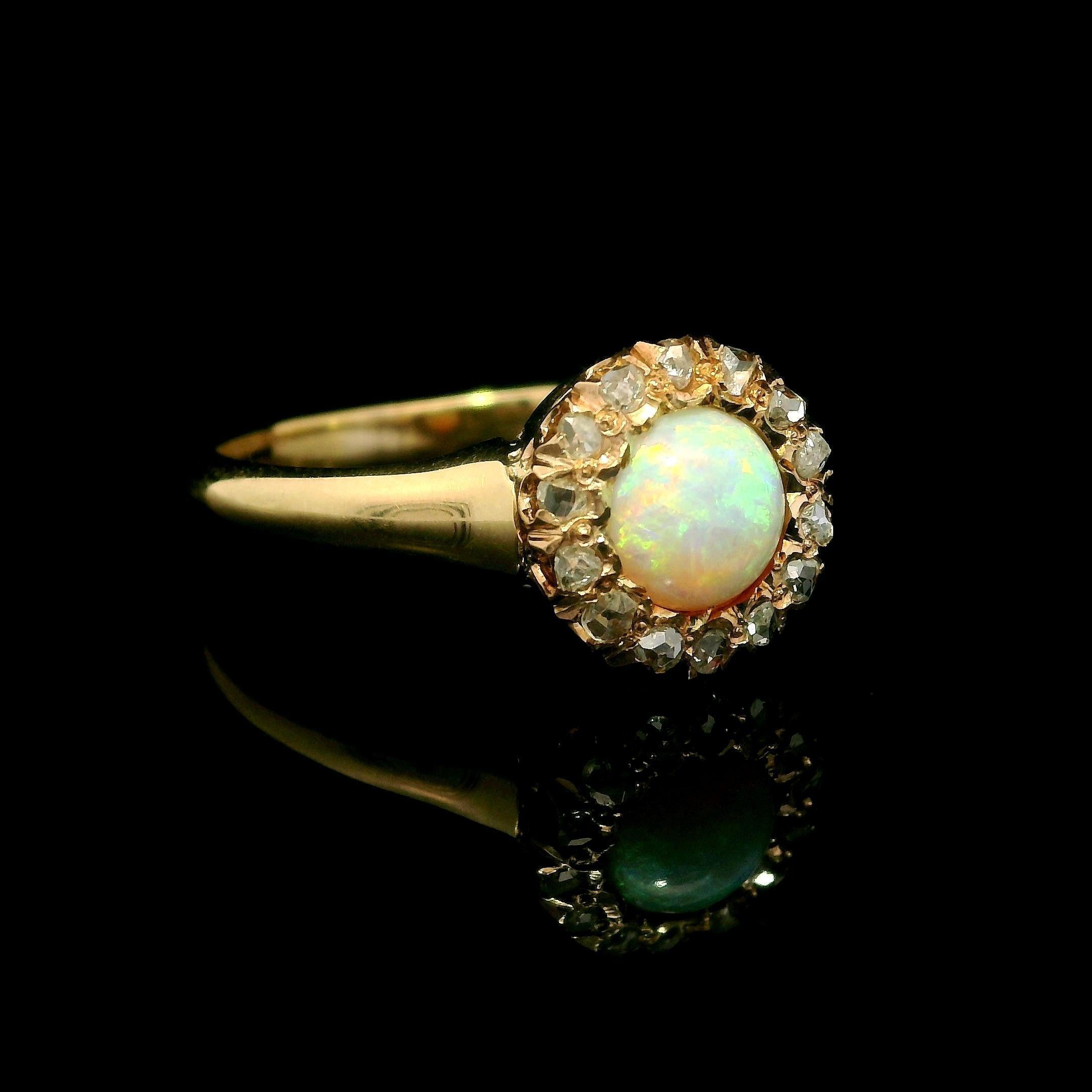 Antique Victorian Yellow Gold Round Opal w/ 0.20ctw Diamond Halo Ring For Sale 2
