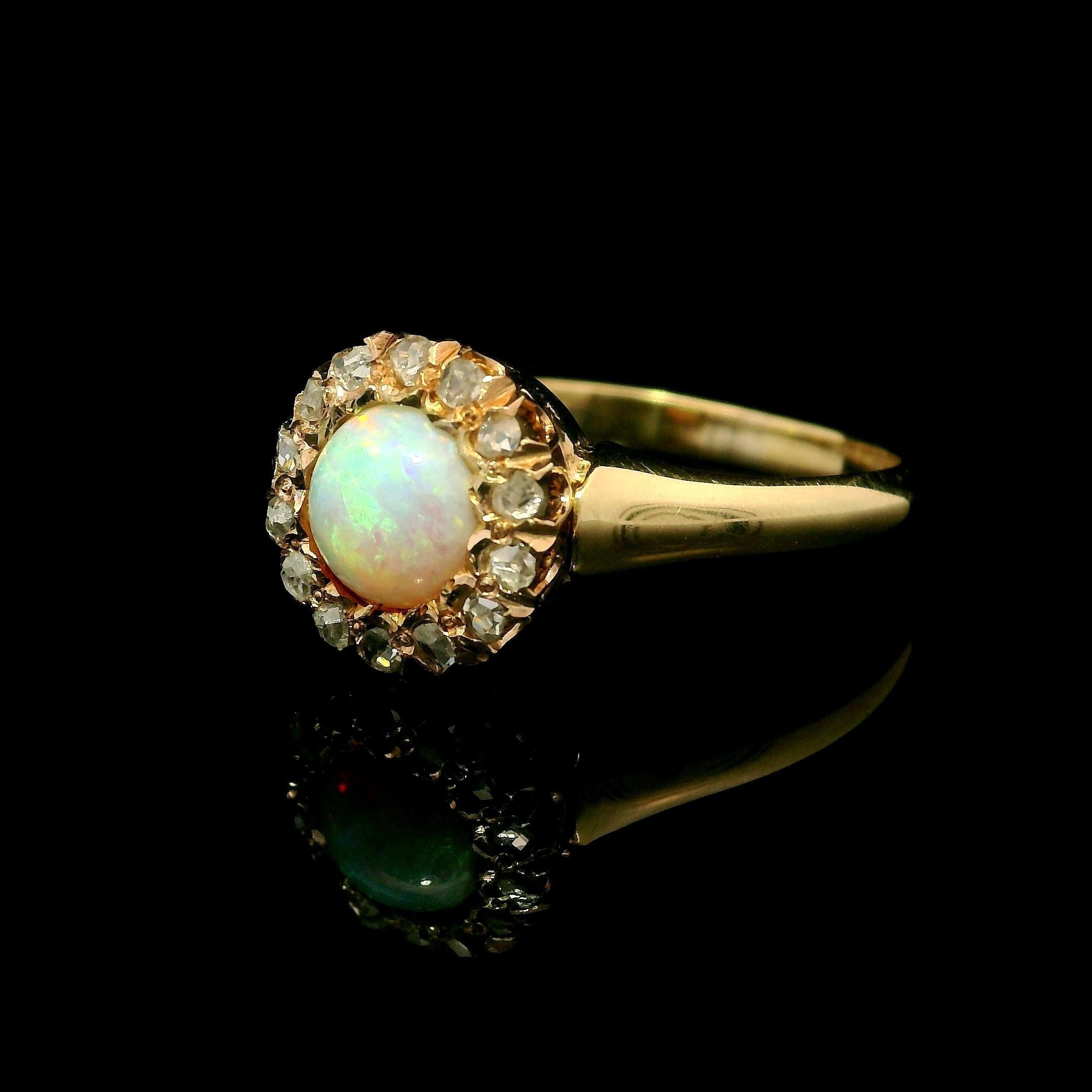 Antique Victorian Yellow Gold Round Opal w/ 0.20ctw Diamond Halo Ring For Sale 3