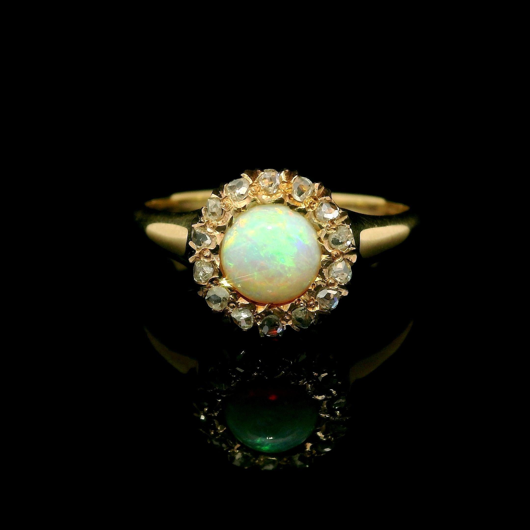 Antique Victorian Yellow Gold Round Opal w/ 0.20ctw Diamond Halo Ring For Sale 4