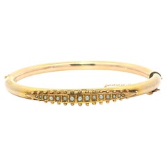 Antique Victorian Yellow Gold Seed Pearl Hinged Tube Bangle Bracelet