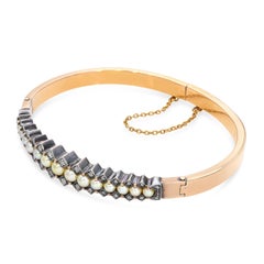 Antique Victorian Yellow Gold & Silver Pearl & Diamond Hinged Bangle Bracelet