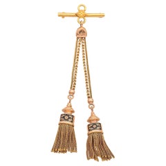 Antique Victorian Yellow Gold Tassel Drop Chain T-Bar Brooch Pin