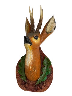 Antique Viechtauer Folk Art Wood Carved Roe Deer Head, Austria 1920s