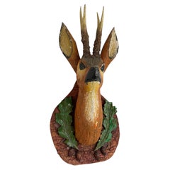 Antique Viechtauer Folk Art Wood Carved Roe Deer Head, Austria 1920s