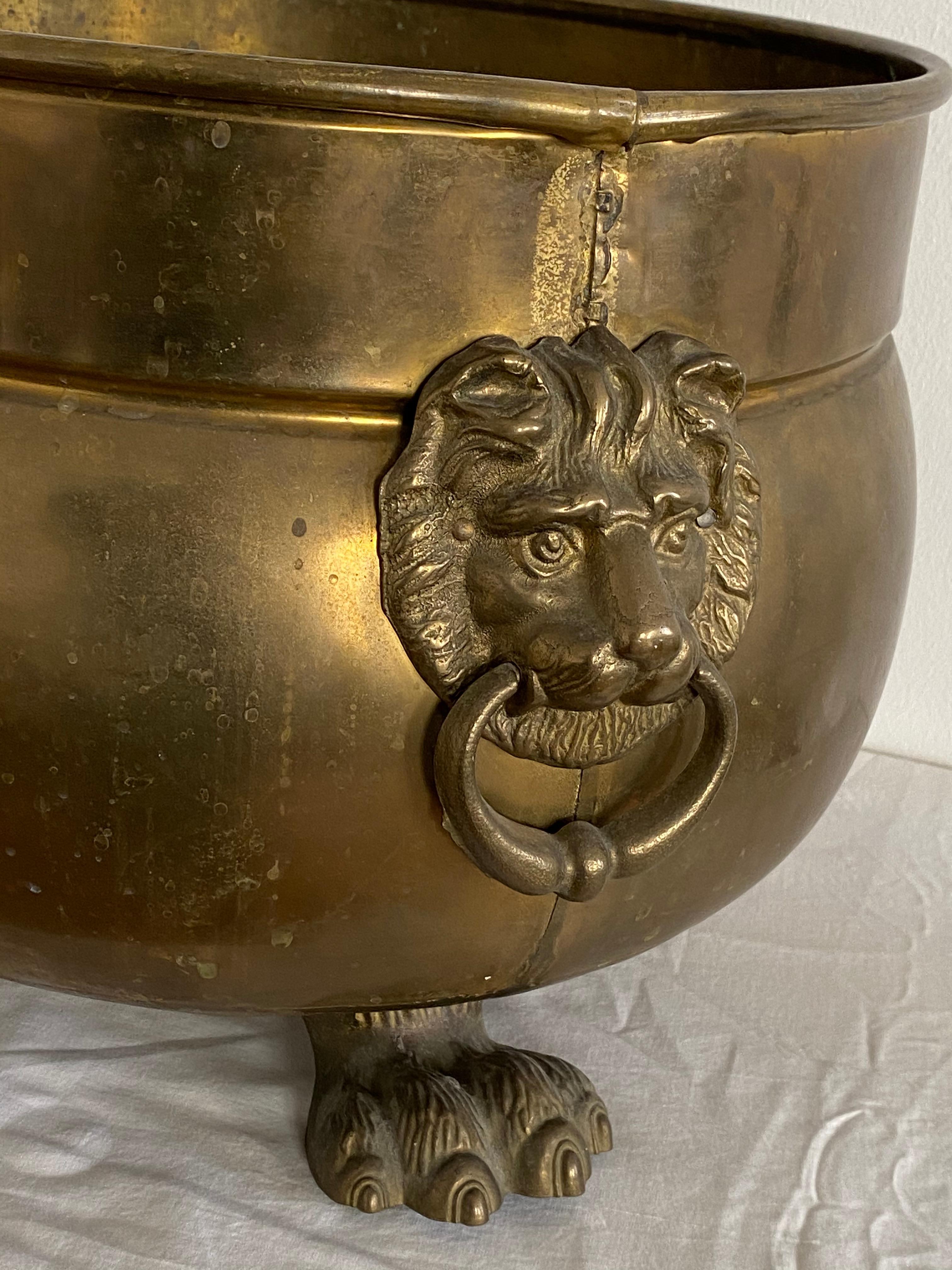 Antique Vienna Brass Rounded Jardinière Plant Pot with Lions Head Handles 4
