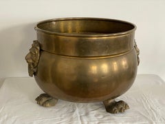 Antique Vienna Brass Rounded Jardinière Plant Pot with Lions Head Handles