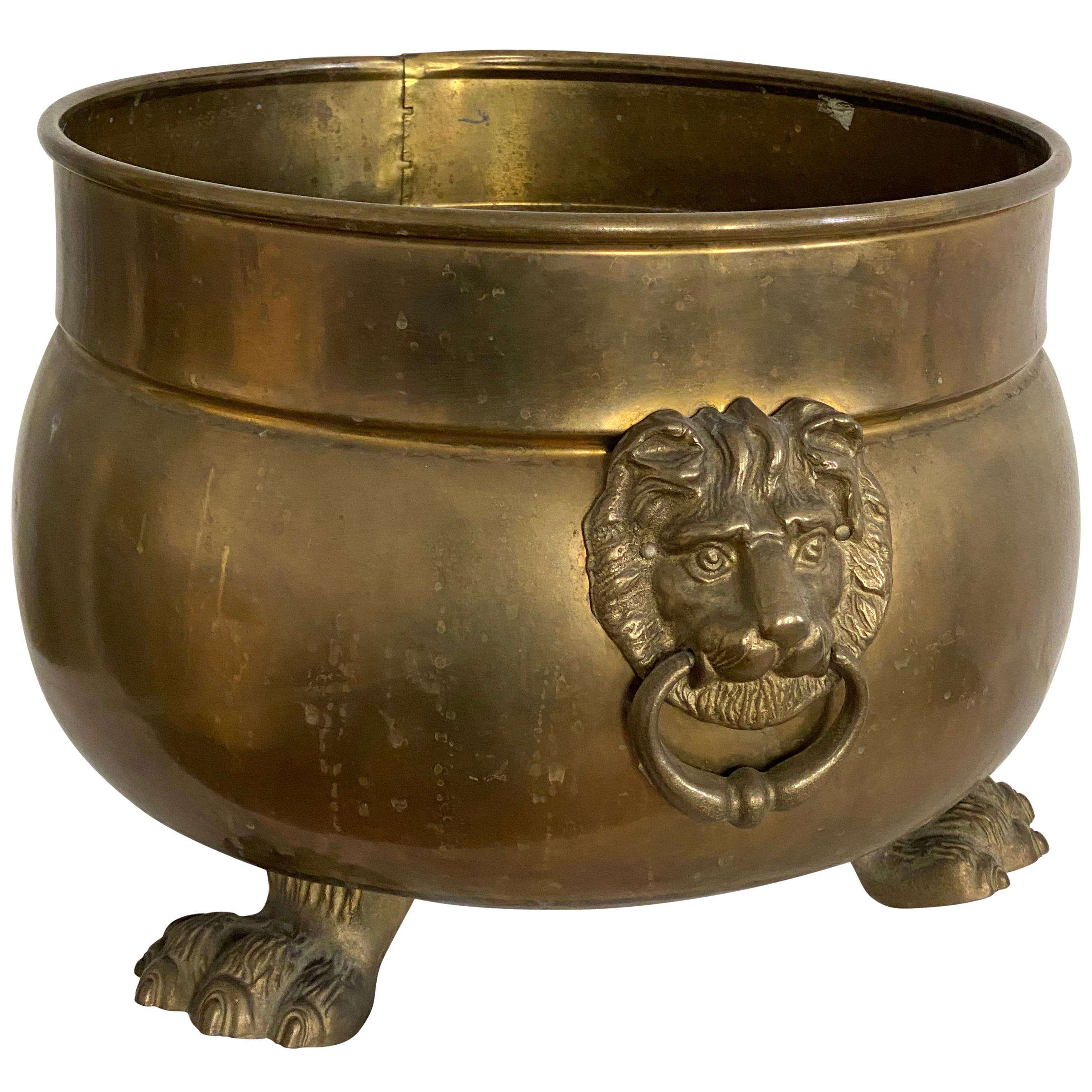 Antique Vienna Brass Rounded Jardinière Plant Pot with Lions Head Handles