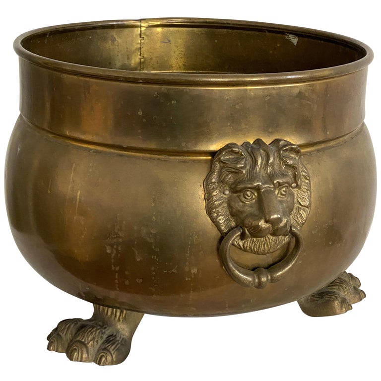 Antique Vienna Brass Rounded Jardinière Plant Pot with Lions Head