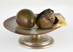 Antique Vienna Bronze Inkwell Tray with Bird and Egg Shell on Natural Shell 1900