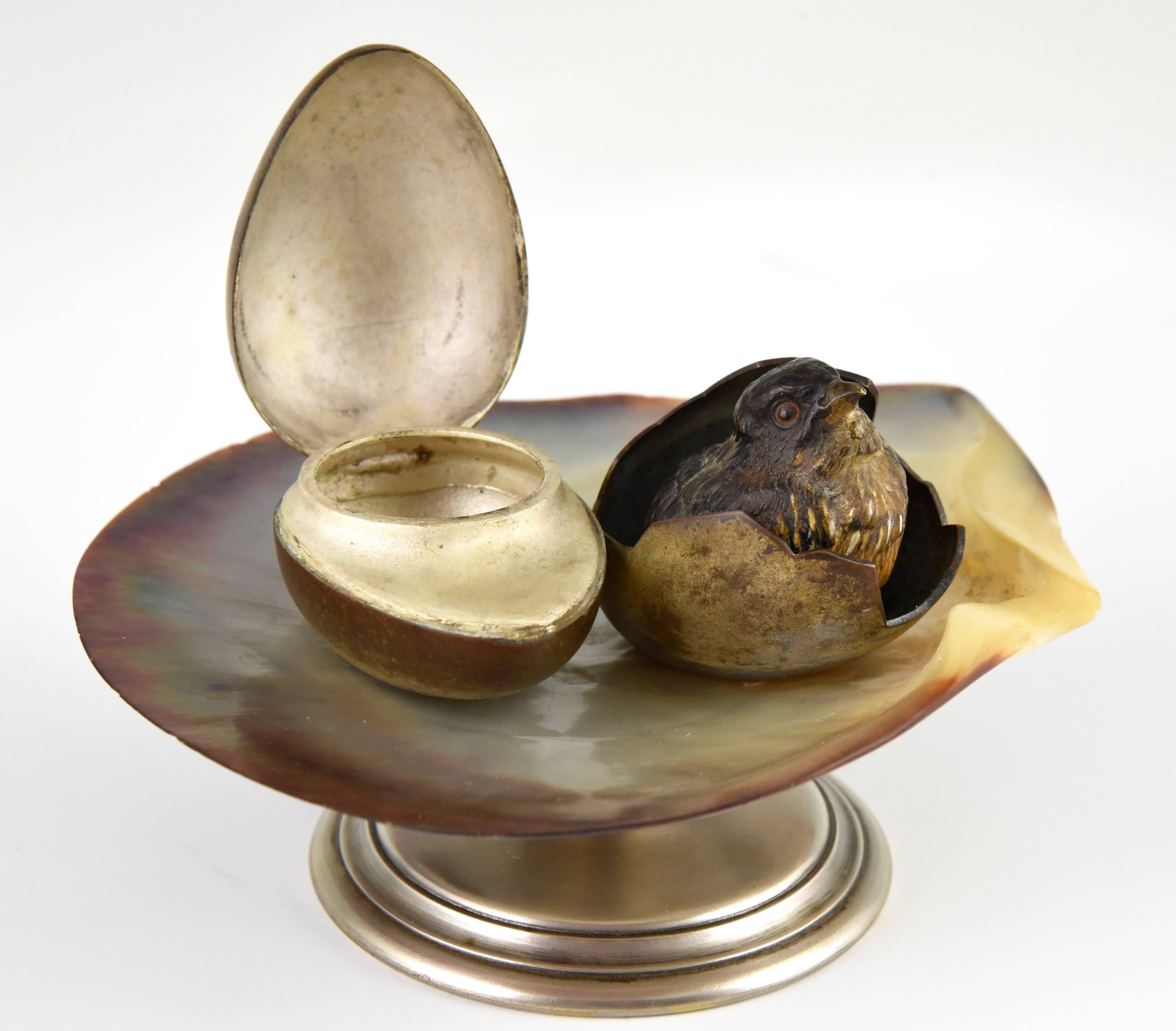 Art Nouveau Antique Vienna Bronze Inkwell Tray with Bird and Egg Shell on Natural Shell 1900