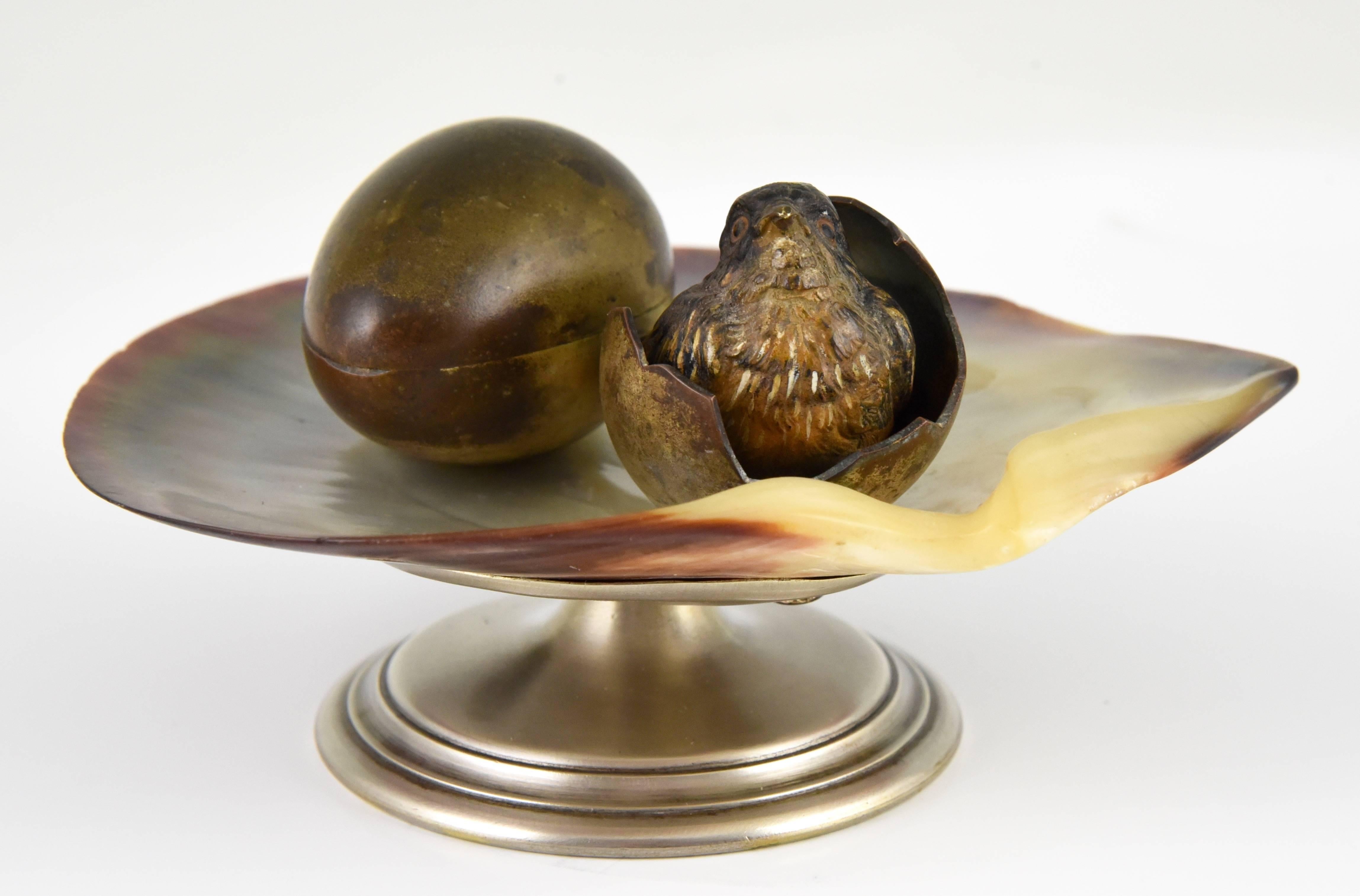 Austrian Antique Vienna Bronze Inkwell Tray with Bird and Egg Shell on Natural Shell 1900