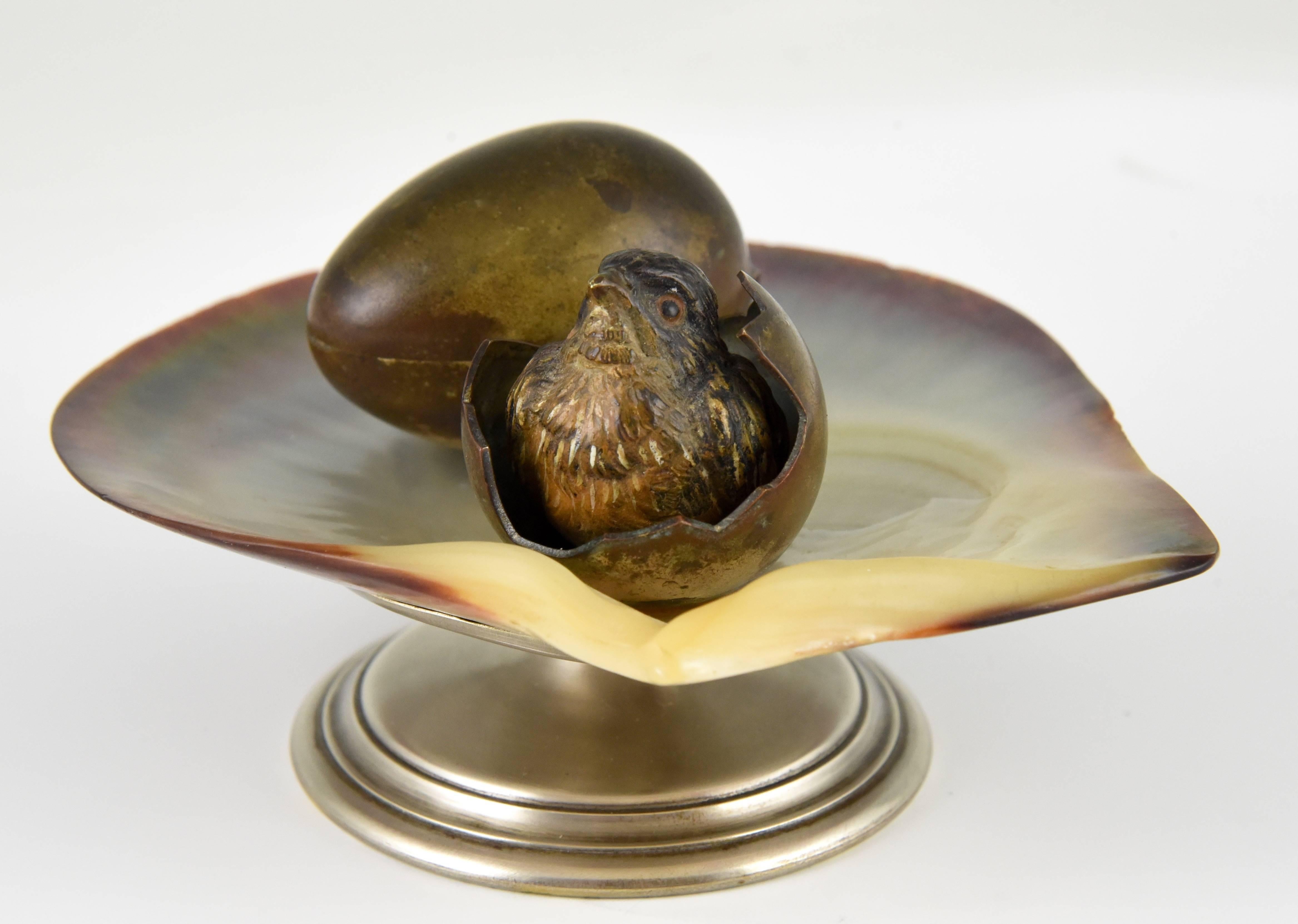 Cold-Painted Antique Vienna Bronze Inkwell Tray with Bird and Egg Shell on Natural Shell 1900