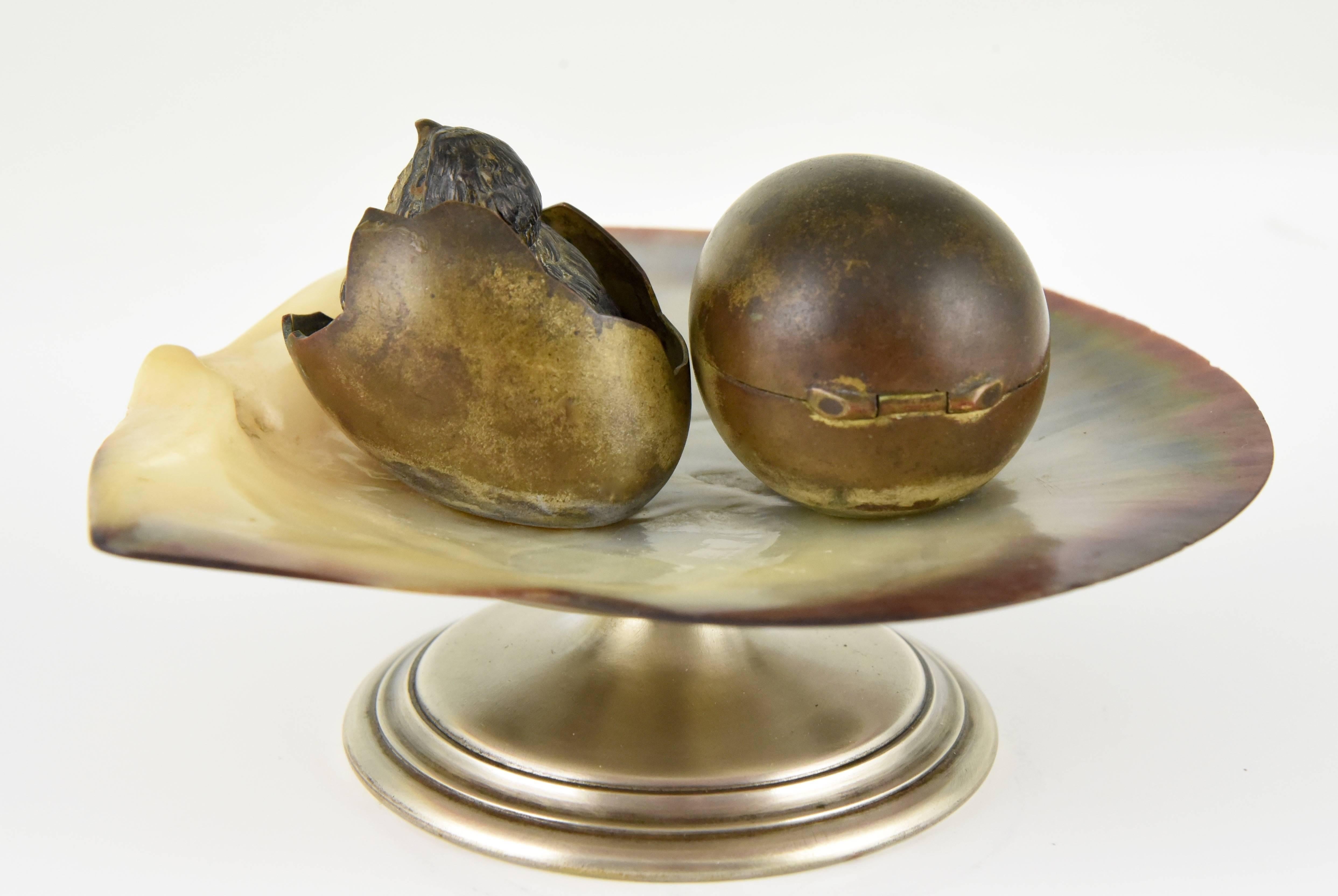 20th Century Antique Vienna Bronze Inkwell Tray with Bird and Egg Shell on Natural Shell 1900