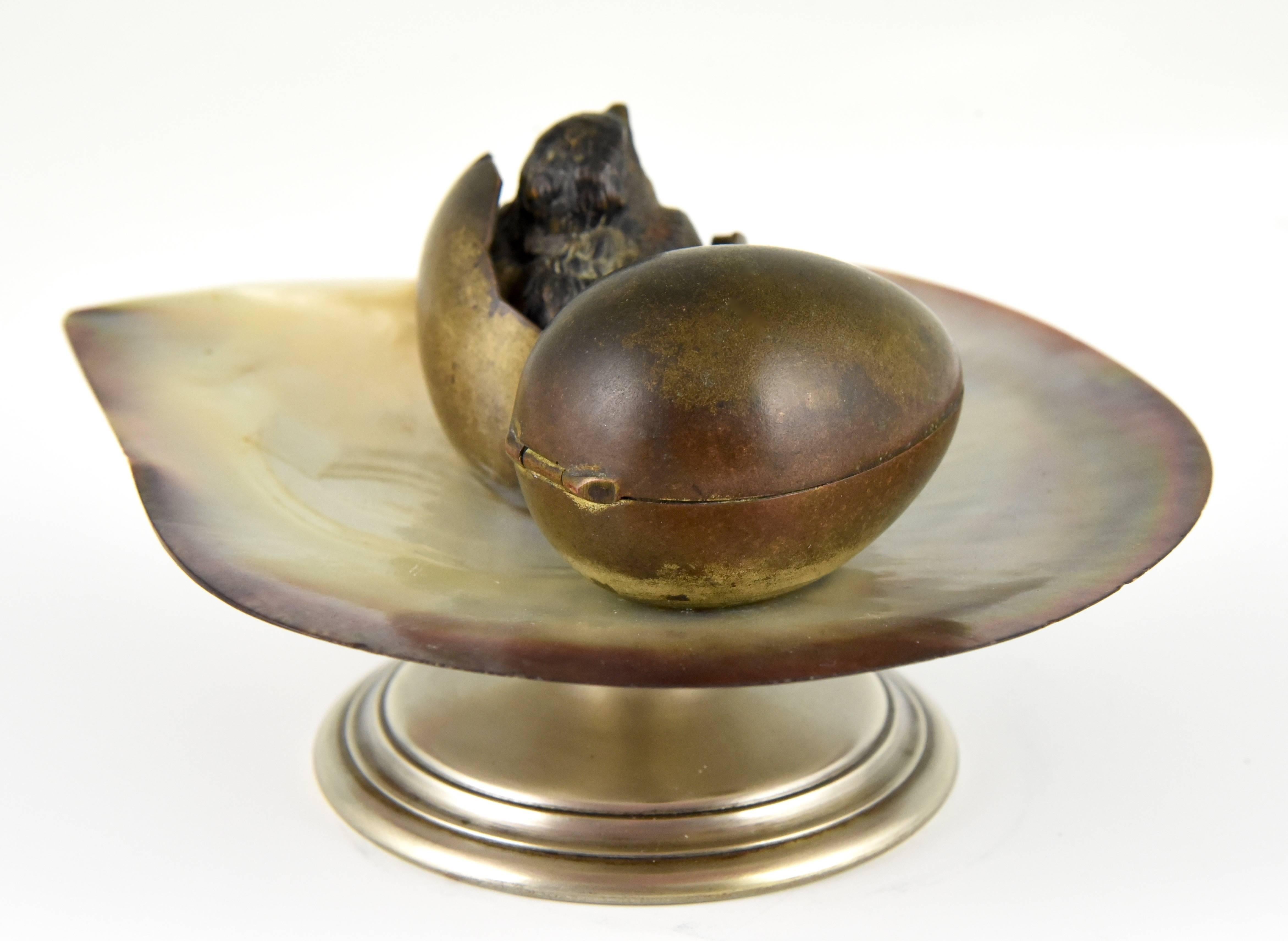 Antique Vienna Bronze Inkwell Tray with Bird and Egg Shell on Natural Shell 1900 1