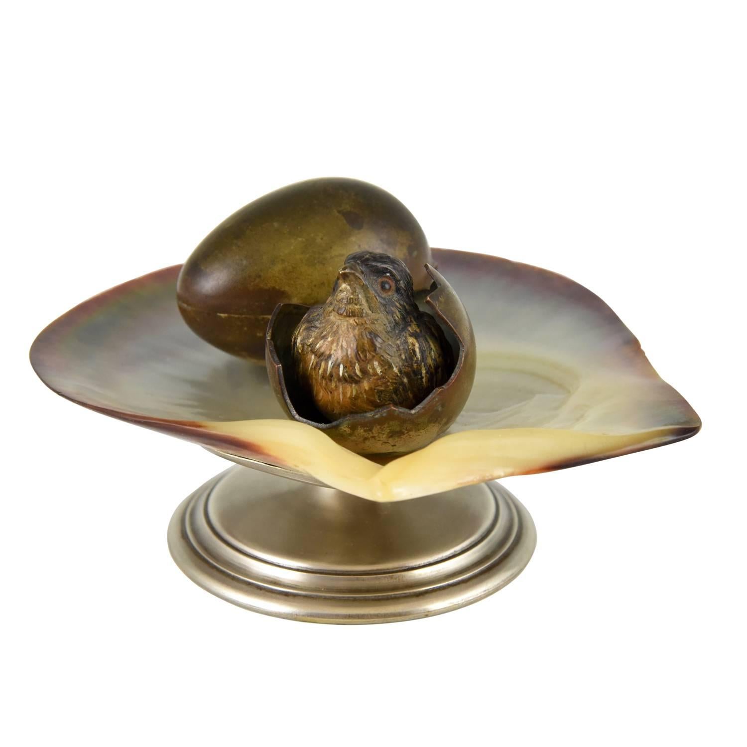Antique Vienna Bronze Inkwell Tray with Bird and Egg Shell on Natural Shell 1900