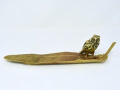 Antique Vienna Bronze Owl on a Feather Pen Rest Signed Geschützt, circa 1900