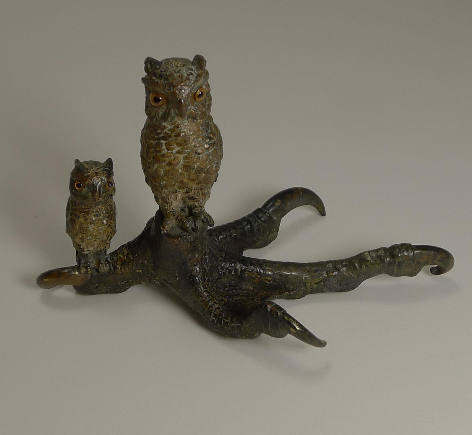 Antique Vienna Bronze Owls, Glass Eyes, circa 1900 In Good Condition In Bath, GB