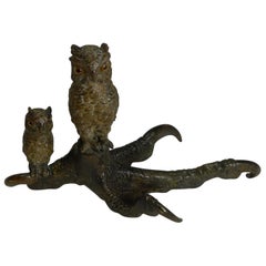 Antique Vienna Bronze Owls, Glass Eyes, circa 1900