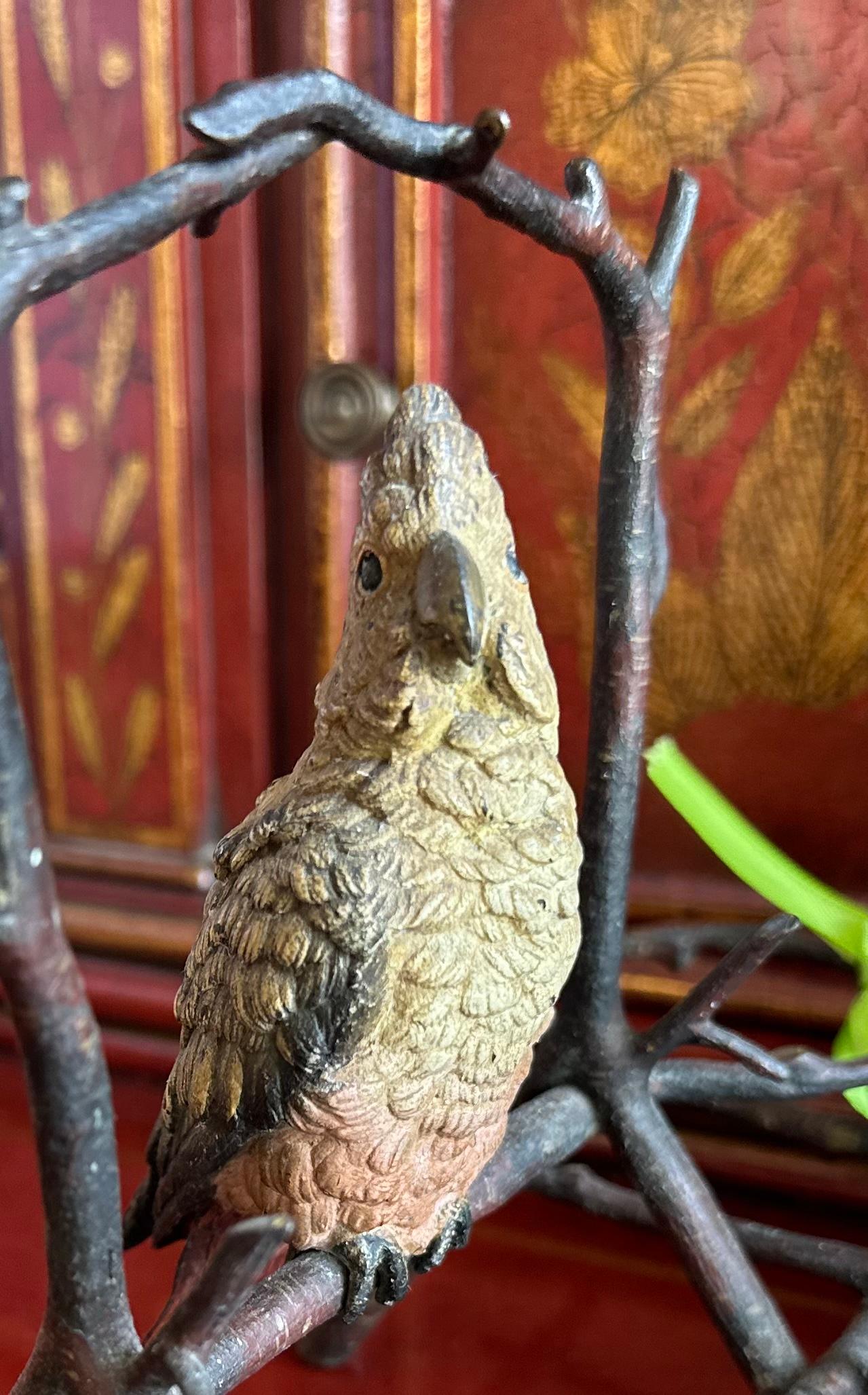 Cold-Painted Antique Vienna Bronze Parrot Bird Sculpture Inkwell For Sale