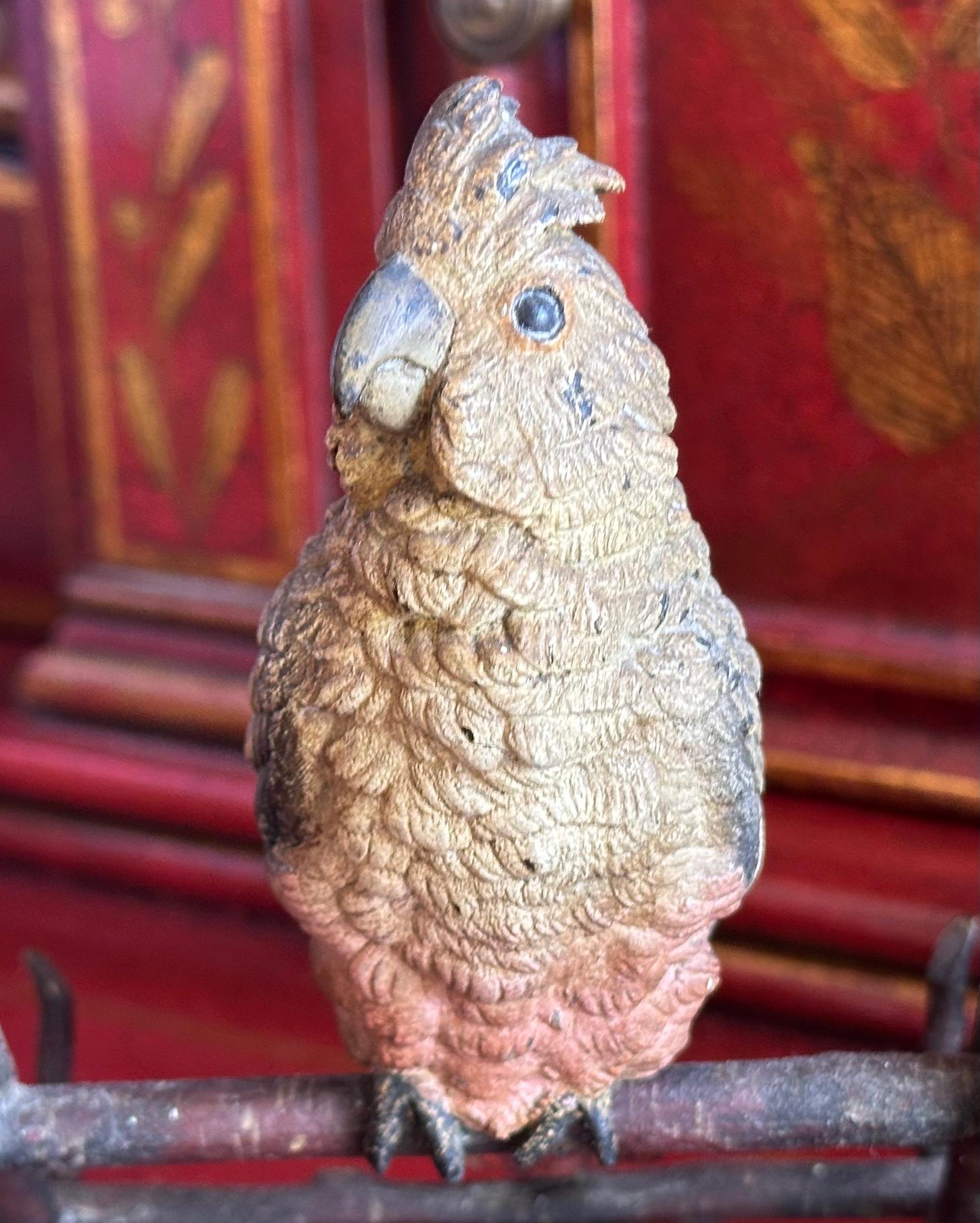 Cold-Painted Antique Vienna Bronze Parrot Bird Sculpture Inkwell For Sale