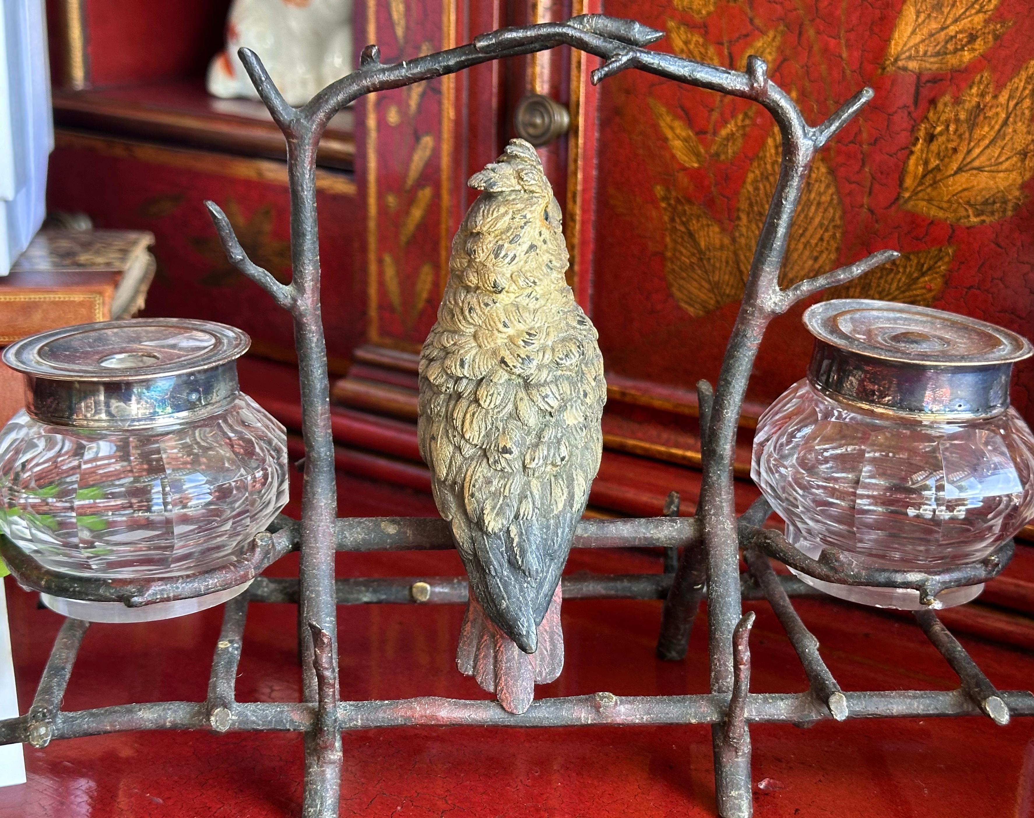 Antique Vienna Bronze Parrot Bird Sculpture Inkwell For Sale 1