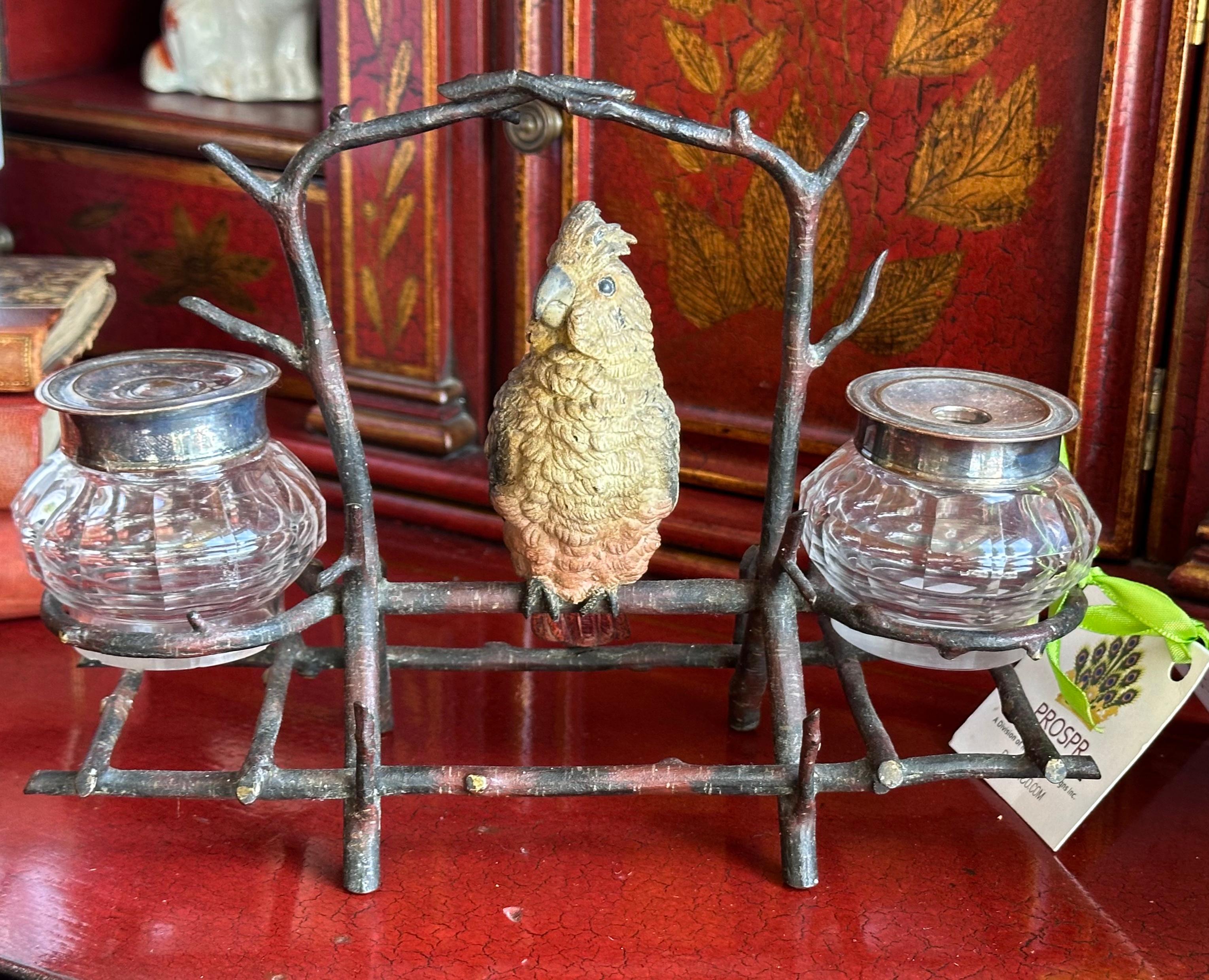 Antique Vienna Bronze Parrot Bird Sculpture Inkwell For Sale 3