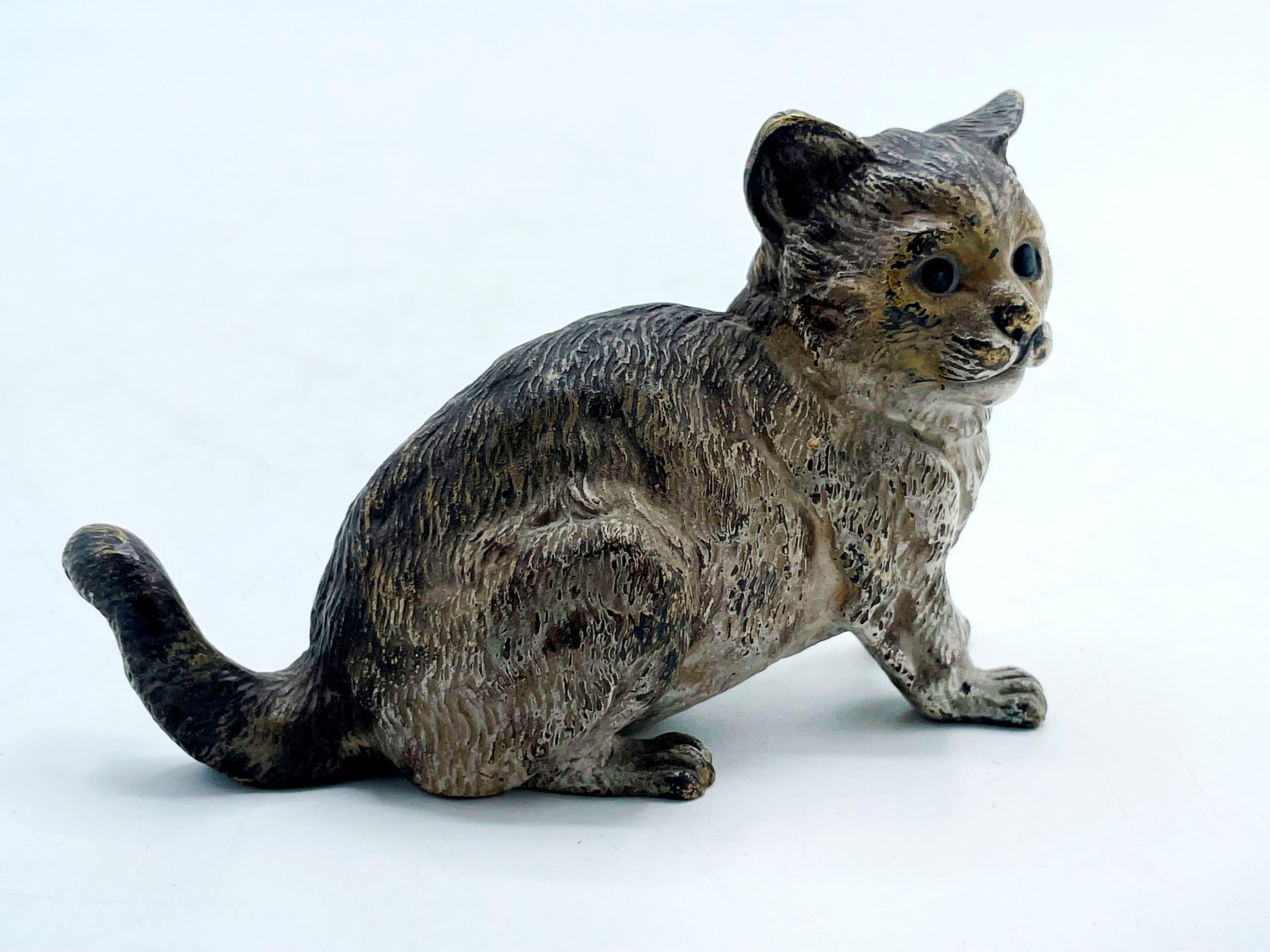 Antique Vienna bronze sculpture of a cat by Bergman. Stamped FB and Geschutzt. Cold painted patina. This model is illustrated in “Antique Vienna bronzes” by Joseph Zobel. Schiffer. More information: “Bronzes de Vienne” by Ernest Hrabalek, the