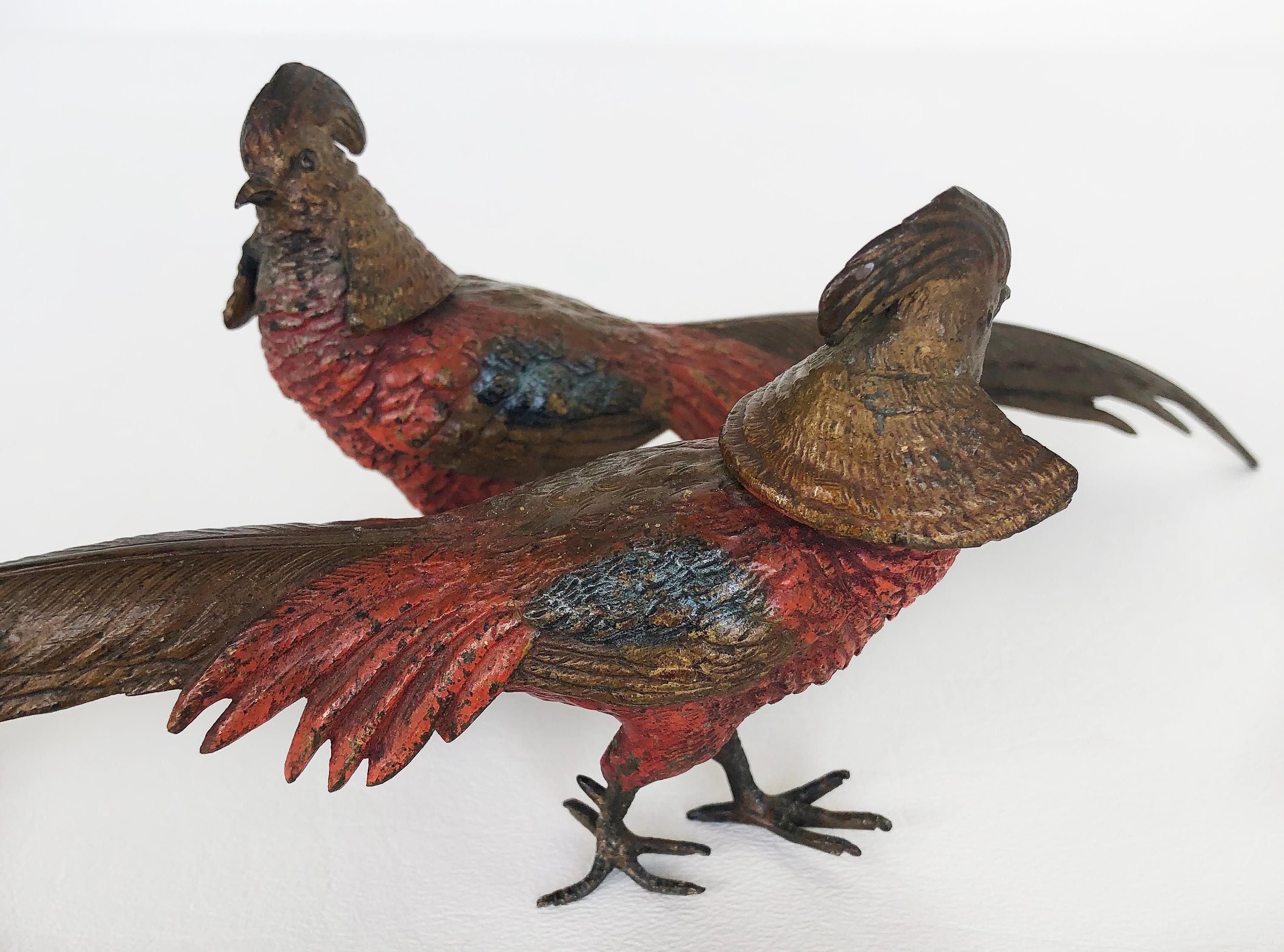 Austrian Antique Vienna Cold-Painted Bronze Pheasants, a Pair For Sale