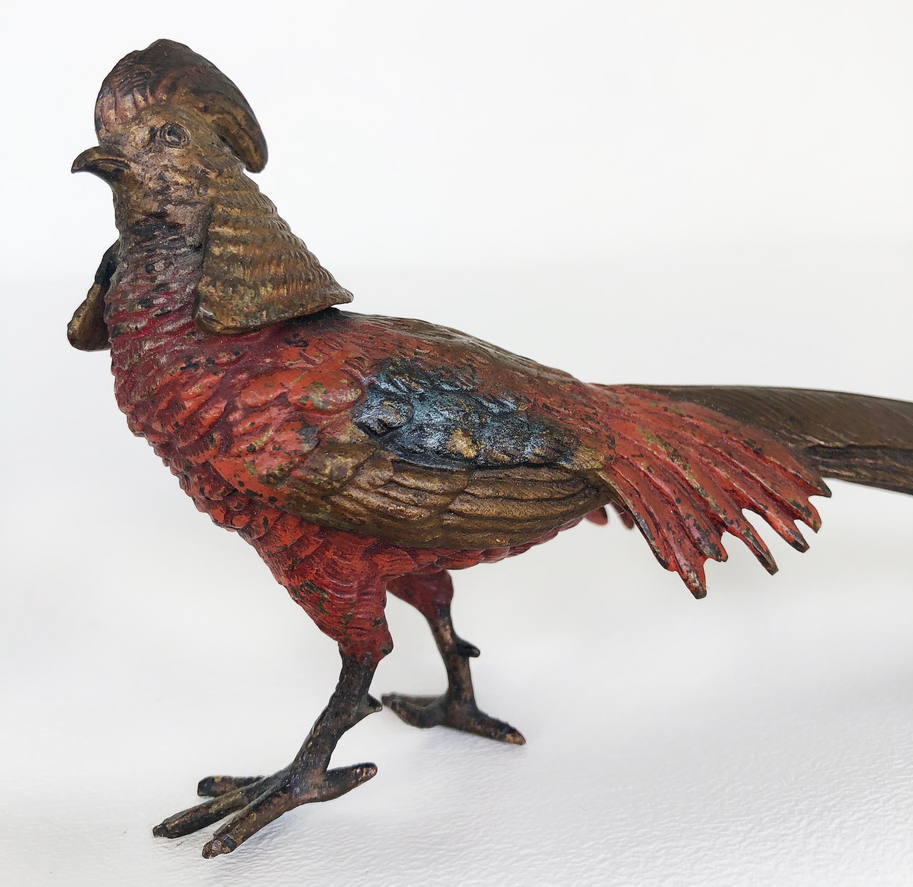 Antique Vienna Cold-Painted Bronze Pheasants, a Pair In Good Condition For Sale In Miami, FL
